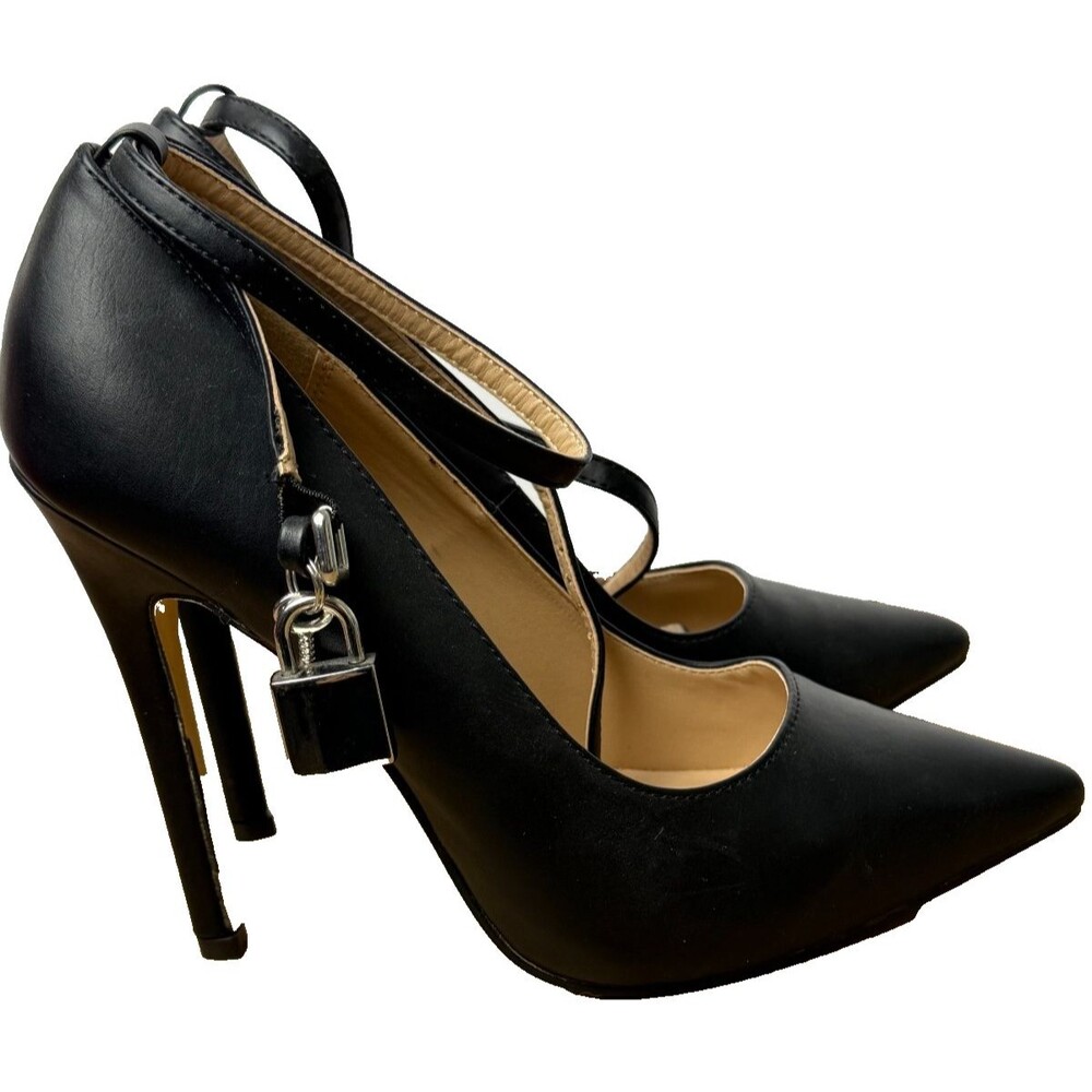 JustFab‎ Jaslene Stiletto Lock Heels 8 New Black Pointed Toe Ankle Strap Shoes